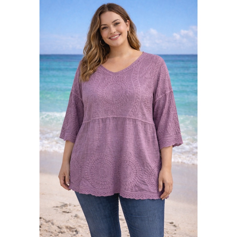 Kindred Womens Embroidered Boho Babydoll Tunic Top 3X NWT 3/4 Sleeve Feminine